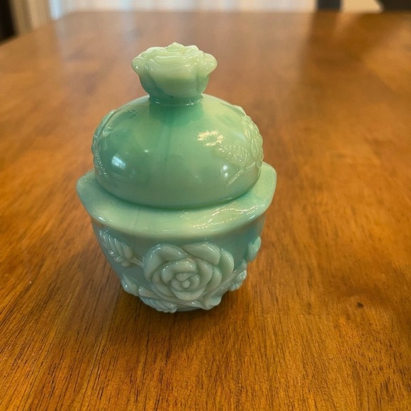 Vintage Jadeite Avon Moonwinf Perfume Bubble Bath Bottle & Powder Sachet Set - Picture 2 of 5